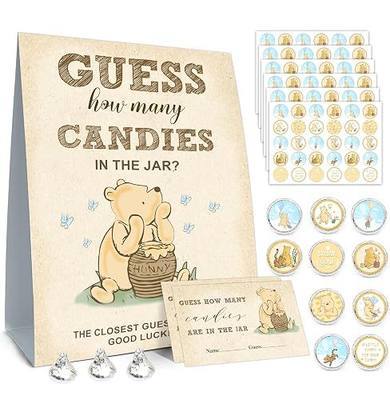 ALodr Winnie Guess How Many Candies Baby Shower Games, Includes ‘Guess How Many Candies’ Standing Sign, 50 Guest Guess Cards & 180 Stickers, Baby Shower Party Decorations Supplies