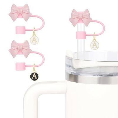 Cute Bow Straw Cover for Stanley Cup With 2 Initial Letter Charms Name ID Accessories Compatible With Stanley 30&40 OZ 10mm Straw Topper, Drinking Straw Covers Cap for Tumble Cups (Pink Bow+A)