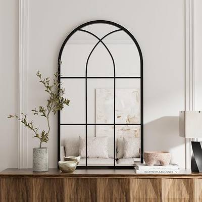 Rowjut Arched Wall Mirror 42" x 24" Window & Wall Decorative Mirror, Iron Framed Window Pane Mirrors, Arched Top Wall Mirror for Entryway Living Room, Bedroom, Fireplace (Black)