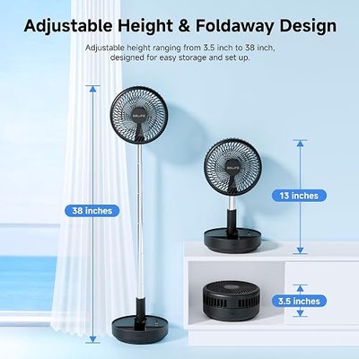 Belife X8 Portable Fan, 7200mAh Battery Powered Rechargeable, Oscillating USB Desk Floor Fan with Remote, Foldable Telescopic Fan for Home Bedroom Sleeping Office Camping Travel, 7.7" (Black)