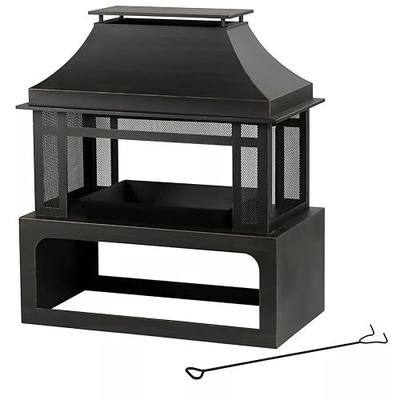 Four Seasons Courtyard Durable Steel Rectangular Freestanding Wood Burning Fireplace with Log Rack and Tool for Outdoor Use, Black/Gold