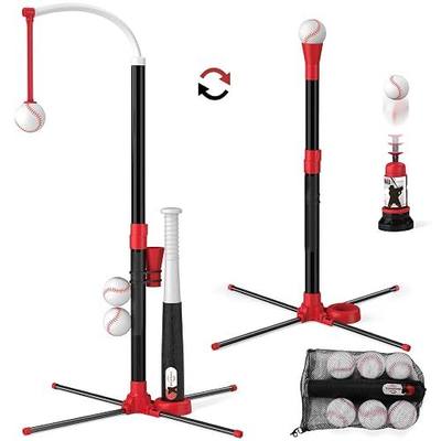 Wee Wonders 3-in-1 T Ball Set - Adjustable Height, Hanging Tee Ball Set with Automatic Pitching Machine/6 Balls/Retractable Bat, TBall Stand Suit for Outdoor, Sport Toys Gifts for Kids Boys Age 3+