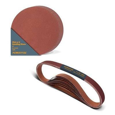 POWERTEC 1x30 Sanding Belts + 5 Inch PSA Sanding Disc Set, 64PK, Aluminum Oxide 4 Each 60/80/120/180/240/400 Grits 1 x 30 Sanding Belt & 20 Each 60/80 Grits Adhsive Sanding Discs (45501)