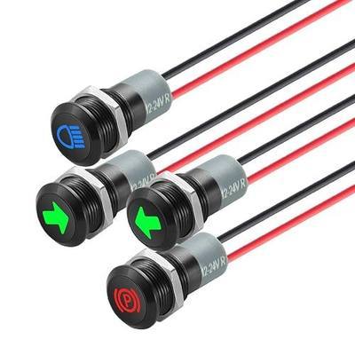 12V LED Indicator Small Light Waterproof, 1/2"(12mm) Panel Cutout 12V 24V Metal LED Indicator with 22AWG 150MM Wire - High Beam, Single Arrow Left/Right, Parking Indicat-or, 4PCS
