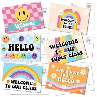 LieToi 60Pcs Welcome Postcards Back to School Supplies - 4 x 6 Inch Welcome to Our Class Blank Hello Greeting Cards Groovy Hippie Boho Daisy Smile Post Cards Gift Student Teacher Preschool Supplies
