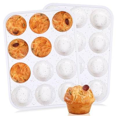 Muffin Pans With Metal Reinforced Frame - 12-Cup Durable Silicone Baking Pan for Muffins, Cupcakes, Dishwasher Safe, Cream with Coffee-Colored Specks Set of 2, Middle, JSC4035
