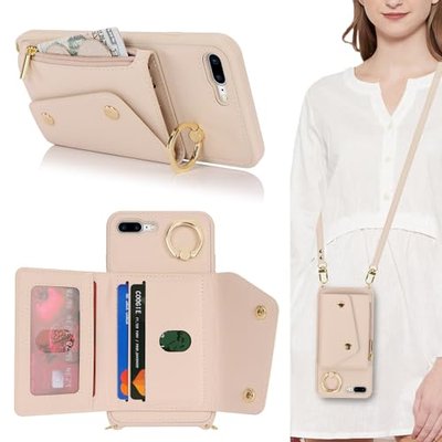 Lipvina Crossbody Wallet Case for iPhone 7 Plus / 8 Plus,Beige