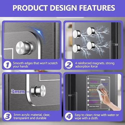 Acrylic Meal Planner Magnetic Menu Board for Kitchen Fridge, 13"x9" Clear Weekly Calendar Planning Board Noteboard Refrigerator Dry Erase Board to Do/Grocery/Shopping Lis Includes 6 Markers