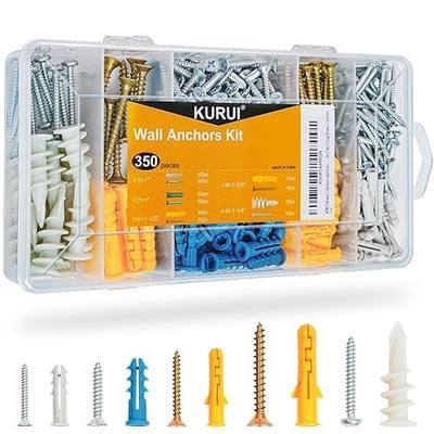 KURUI Drywall Anchors Assortment Kit for Sheetrock Concrete Brick, 350Pcs Wall Anchors and Flat Head Screws, 5 Sizes Picture Hanging Set for Bedroom/Office Wall Art Decor, House Warming Gifts New Home