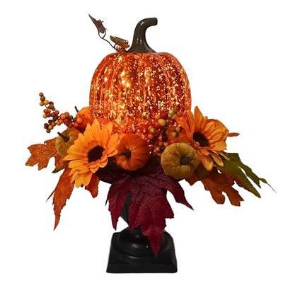 Svndlyn 15 Inch Lighted Fall Pumpkin Arrangement with Pumpkin, Daisies | 15 LEDs with Mercury Glass-Style Pumpkin, Mini Pumpkins, Maple Leaves and Berry Clusters for Fall Thanksgiving Harvest Decor