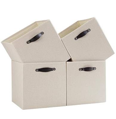 Cube Storage Bins | 13"x15"x13", Beige, 4 Pack | Multi-Size | 2X Thick Support Board | Vegan Leather Handles | 7.7 oz/yd² Fabric | Drawer Insert Basket Fits KALLAX