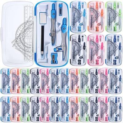 Zonon 24 Sets Math Geometry Kit Student 10 Pcs Shatterproof Storage Box Includes Compass, Rulers, Protractor, Eraser, Pencil Sharpener, Lead Refills, Pencil for Back to School Students Class Teacher