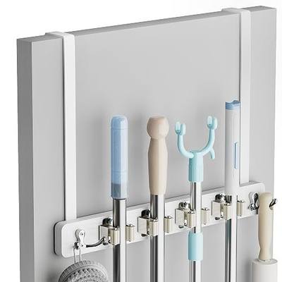 Lorbro Broom Holder Door Mount, Wood Over the Door Broom and Mop Holder | 4 Slots 4 Hooks, No Drill Setup, EVA Protection Pads, Secure Grip, Laundry Garage Closet Kitchen Use, White