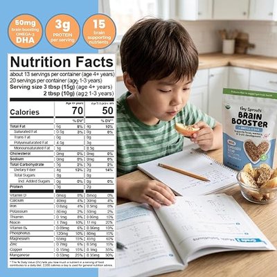 Tiny Sprouts Organic Milled Flax, Chia & Hemp Seeds Brain Booster + Vegan Omega-3 DHA | Kids Focus, Learning & Cognitive Support | Prebiotic Fiber, Protein, Iron, Zinc | Gluten-Free Plant-Based Superseed Blend | 7 oz