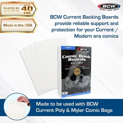 BCW Current Comic Book Backing Boards - 200 Pack | 24 pt., Coated, Buffered with 3% Calcium Carbonate | Precision Cut for Current Comic Bags | Long-Term Comic Book Storage
