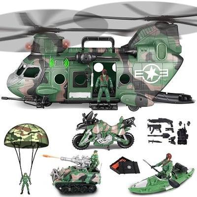 deAO Military Helicopter Toy Set with Lights Sound Army Men Playset | 14pcs Army Toys with Soldier Action Figures,Combat Truck,Motorcycle,Boat,Christmas Birthday Party Gifts for Kids Boys Girls