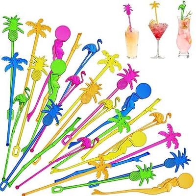 Willinglong 100 Assorted Tropical Swizzle Sticks Bar Cocktail Stirrers Luau Palm Tree Flamingo Fun Reusable Novelty Beverage Cocktail Margarita Tiki Drink Stirring Sticks for Birthday Wedding Party
