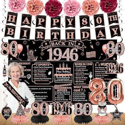 Zirtorei 80th Birthday Decorations for Women, 21pcs the Year 1946 Banner Balloon Party Supplies, Rose Gold 80 Year Old Birthday Backdrop, 80 Bday Honeycomb Centerpiece Hanging Swirls Sash Gifts | 21pcs Rose Gold 80th birthday Banner Balloon, Backdrop, Honeycomb Centerpieces, Hanging Swirl, Sash, Pho