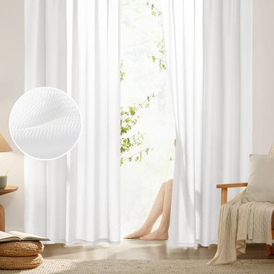 HOMEIDEAS Non See Through Privacy Sheer Curtains, Elegant Lightweight Semi Light Filtering Solid Color Long Window Drapes for Bedroom, Living Room, White, 52 x 84 Inches Long, 2 Panels Set