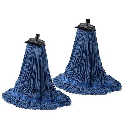 Matthew Large Heavy Duty Mop Head Commercial Replacement for General and Floor Cleaning, Screw-on Wet Industrial Cotton Looped End String Head Refill (Blue Pack of 2) w/Built-in Flexible Bristle Brush