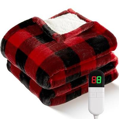 Electric Heated Sherpa Buffalo Plaid Christmas Throw 8 Heating Levels | 8H Auto Off, Fast Heating, Warm, Washable, Over-Heat Protection, ETL Certified, Red