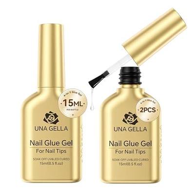 UNA GELLA 6 in 1 Gel Nail Glue for Clear Acrylic Nails Tips, 2Pcs 15ml Super Strong Brush U V Nail Glue Long Lasting Lamp Curing Required for Fake Nails Tips