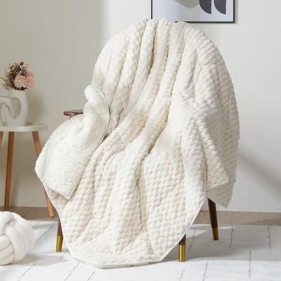 Fleece Weighted Blanket for Adults 60" x 80" 15lbs Fuzzy Blankets White | Soft Queen Size Sherpa Weighted Blankets, 3D Imitation Turtle Shell Warm Jacquard Flannel Heavy Blanket for Couch and Bed