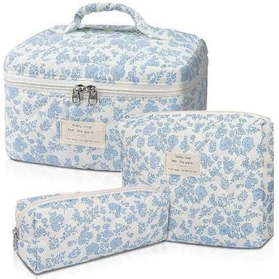 Gosect Makeup Bag, Large Quilted Cosmetic Bag, Big Floral Make Up Bag for Women Girls, Cute Cotton Makeup Bag Set, Flower Travel Toiletry Organizer Bag (Blue Flower)