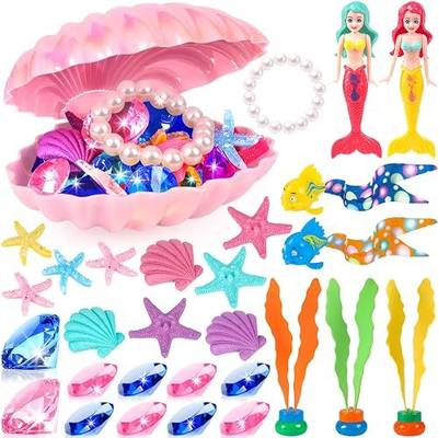 HUUIDY 31 Pcs Pool Toys with Diving Mermaid, Shell Treasure Chest for Kids | Mermaid Diving Toys with Shell Treasure Chest, Dive Gems, Mesh Bag, Swimming Pool Games Summer Water Toy Gift for Kids 3-12