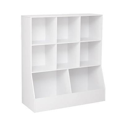 DINZI LVJ Toy Storage Organizer, Kids Cubby Cabinet with Bookshelf, 8-Cube | Wood Toy Book Shelf, Anti-Tip Structure, Easy Assembly, 3-Tier 35.4"L Bookcase, Multi-bins Chest, Playroom/Classroom, White