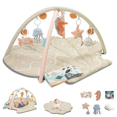 suihuooo Baby Play Mat, Oversize Shell Tummy Time Mat with 6 Detachable Baby Activity Toys, Baby Gyms & Playmats for Babies 0-12 Months, Baby Essentials Mat for Floor Newborn (Beige)
