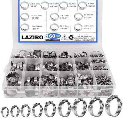LAZIRO 160Pcs (6mm-25.6mm)1/4""-1""Single Ear Hose Clamp Hose Crimp Clamps Ear Crimp Rings Ear Stepless Hose Clamp Pinch Clamps for Hose Pipe Clamp Tools (Single Ear Hose Clamps Kit), Silver
