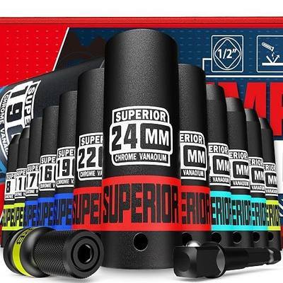 14 Piece 1/2" Drive Impact Socket Set, 8 mm - 24 mm Deep Socket, Metric Socket Set With Adapter & Quick-Release Holder, 6 Point, CR-V, Automotive Maintenance, Machinery Manufacturing
