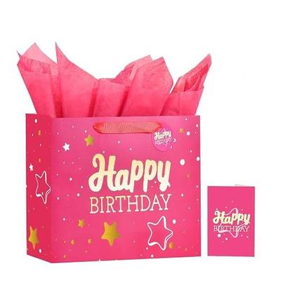 Powbrace 13" Pink Happy Birthday Gift Bag with Tissue Paper and Greeting Card for Party,Happy Birthday Gift Bag for Men Women,Gift Bags Medium size(1 PCS Pink Hot Stamping) | Foil Stamping Gift Bags, Starry Sky Gift Bags, Happy Birthday Gift Bag for Men Women,Gift Bag Medium size