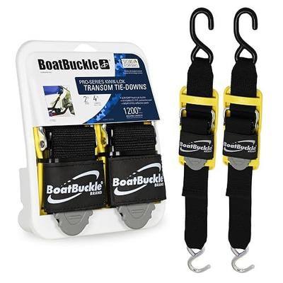 BoatBuckle Kwik-Lok Transom Tie Down Straps with Boat Pads, 2in x 4ft, 2-ct | Kwik-Lok Adjustable Transom Tie Down Straps, 1,200 lb Break Strength, Includes 2 Straps & Boat Pads, Fits most Watercraft