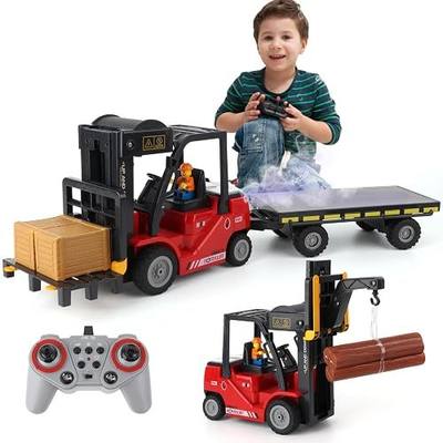 RC Forklift with Trailer, 2 in 1 Transform Lift Fork & Hook, Kids Forklift Toy with Light & Sound & Spray, 11 Channel Remote Control Forklift, Construction Vehicles Toy Gift for Kids 6+ (Red)