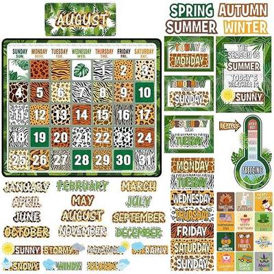 Cholemy 85 Pcs Calendar Bulletin Board Set Classroom Calendar Bulletin Board with Numbers Month Weather Classroom Decorations for Back to School Wall Chalkboard Decor Supplies(Jungle)