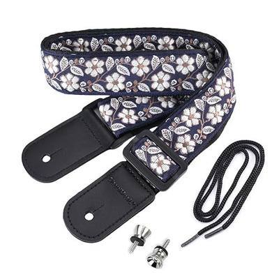 CLOUDMUSIC Ukulele Strap, Silver Flowers In Dark Blue | Tenor Concert Soprano Baritone, Colorful Hawaii Floral Jacquard, For Adult Size And Kids