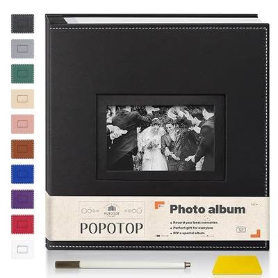 Popotop Photo Album Self Adhesive Scrapbook for 4x6 5x7 8x10 photos for Wedding Gifts & Baby Book, Leather Hardcover DIY Memory Book for Anniversary Family with Postcard, with A Scraper & Metallic Pen