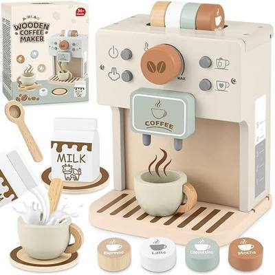 Toy for Kids Wooden Kitchen Accessories Pretend Play, Beige | Coffee Maker Toy Toddler Kitchen Playset for Girls Boys Ages 2 3 4 Years Birthday Gifts