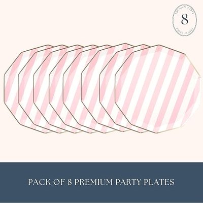 Bonjour Fête Light Pink Cabana Stripe Party Plates | Disposable Dinner Tableware with Gold Rim | Sturdy Premium Paper for Birthday Decorations, Baby Shower, Bridal Shower | Pack of 8, 10.5 Inch