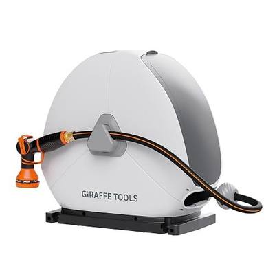 Giraffe Tools Retractable Heavy Duty Hose Reel, 1/2" x 82FT Automatic Rewind Garden Hose Reel with 360° Swivel Base, Ground Mounted for Lawn, Patio, Concrete Floor & Yard Watering