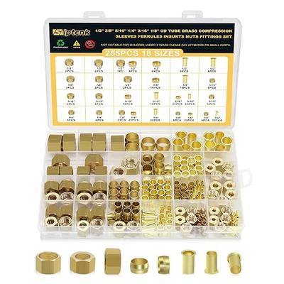Siptenk 255PCS Brass Compression Sleeves Ferrules Inserts Nuts Fittings for Tube OD 1/2" 3/8" 5/16" 1/4" 3/16" 1/8", 6 Sizes Hose Compression Fitting Brass Ferrule Kit