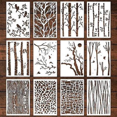 Keluna Tree Texture Stencils Painting, 12 Pcs Tree Branches Stencils for Painting on Wood Wall, Mixed Designs Tree Branch Bird Stencils for Painting on Rock Canvas Wood Wall Floor Home Decor