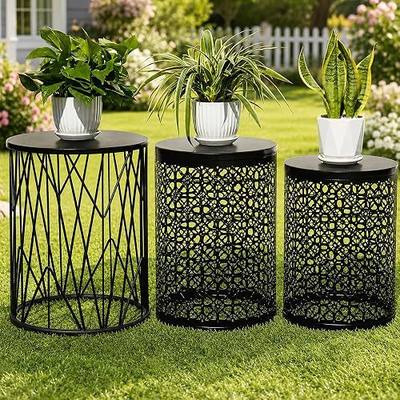 HFHOME Set of 3 Heavy-Duty Round End Table, Side Table, Coffee Table for Indoor Multifunctional Use, Outdoor Decorative Garden Stool Plant Stand-Black