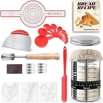 Sourdough Starter Kit, 34OZ Glass Sourdough Bread Starter Kit, 14Pcs Sourdough Bread Baking Supplies with Silicone Scrapers, Cloth Cover, Measuring Spoons, Recipe Book for Baking Fermentation