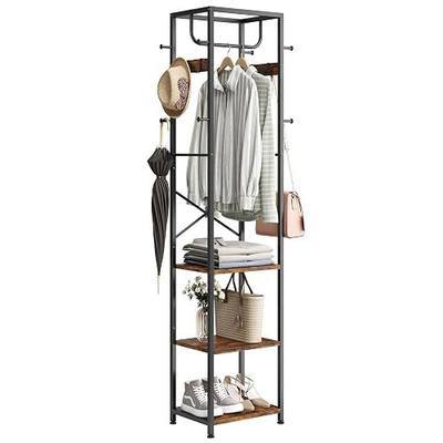 Coat Rack Freestanding, Hall Tree with 3 Shelves and 12 Hooks, Rustic Brown | Industrial Metal Frame, Space-Saving Design, Clothes Rack Stand Organizer for Bedroom, Hallway, Entryway, Office, Living Room