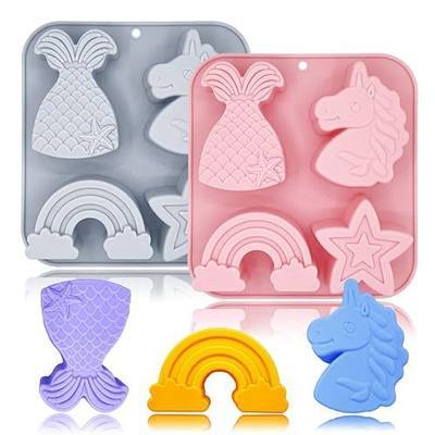 2 Pack Unicorn Molds Silicone 4 Cavity 3D Big Cartoon Themed Baking Mould Tray with Mermaid Rainbow Star for Baby Shower Birthday Party Chocolate Cake Mousse Pastry Soap Crayons Cupcake Topper