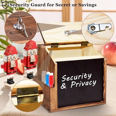 Wood Suggestion Box with Slot and Lock,Wooden Tip Money Drop Donation Boxes For Saving Fundraising,Prayer Ballot Comment Box Countertop Wall Mounted with Chalkboard and Keys for Church,Wedding | Lockable Wooden Suggestion Box with Cards, Keys and Chalkboard, Ideal for Charity, Church, Office Complai
