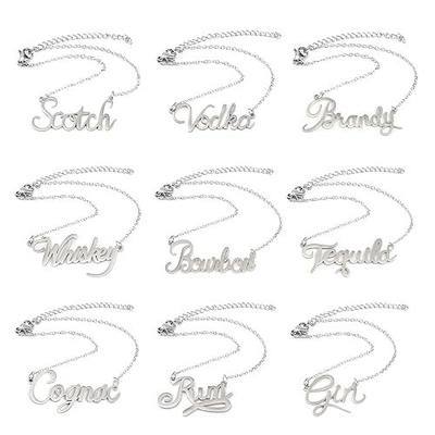 Decanter Tags Silver Spirit Label Necklaces, 9.21 inch Adjustable Chain, Set of 9 Drink Labels - Scotch, Vodka, Brandy, Whiskey, Bourbon, Tequila, Cognac, Rum, Gin
